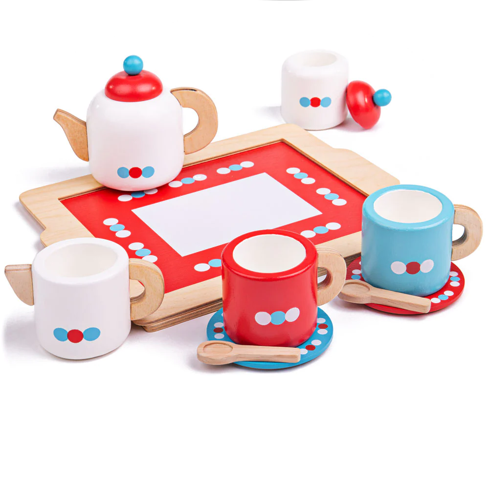 wooden kids tea set on a tray by Bigjigs